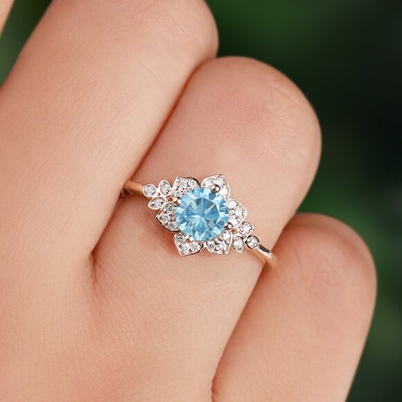 Vintage Style Floral ring - Aquamarine Blue, Art Deco Flower Ring Collection - Picture 2 of 2